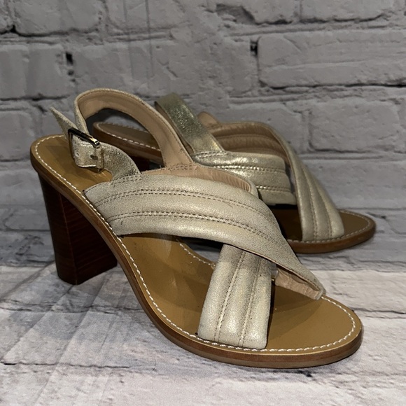 J CREW Gold Leather Sandals Block Heel Marcie Criss Cross Metallic - Picture 4 of 8